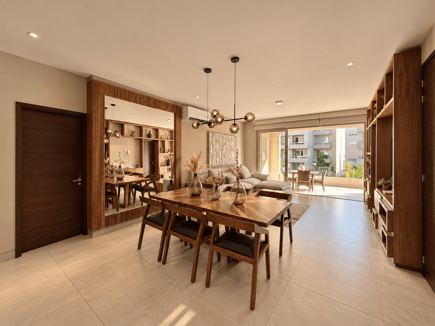 Comedor y sala con acabados en madera y terraza.